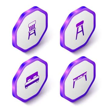 Set Isometric Chair, Big bed and Office desk icon. Purple hexagon button. Vector Stock Illustration