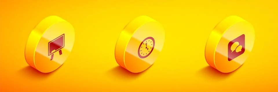 Set Isometric Chalkboard, Clock and Speech bubble chat icon. Vector 스톡 일러스트