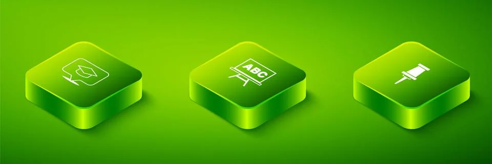 Set Isometric Chalkboard, Push pin and Graduation cap speech bubble icon. Vector 스톡 일러스트