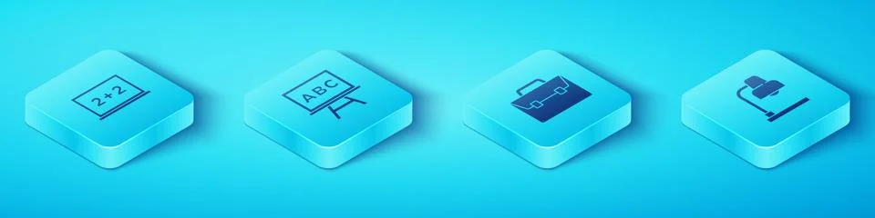 Set Isometric Chalkboard, , Table lamp and Briefcase icon. Vector Illustrazione stock