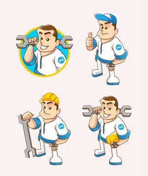 Set isometric character of professional mechanic full and half body carrying Stock Illustration