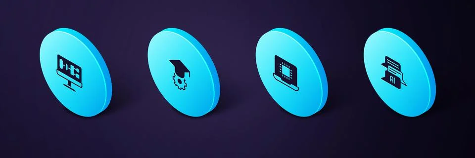 Set Isometric Chat bot, Processor CPU, Graduation cap and Algorithm icon. Vec Illustrazione stock