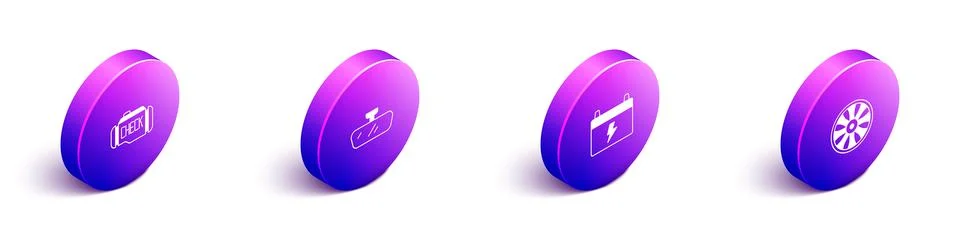 Set Isometric Check engine, Car mirror, battery and Alloy wheel for car icon Stock Illustration