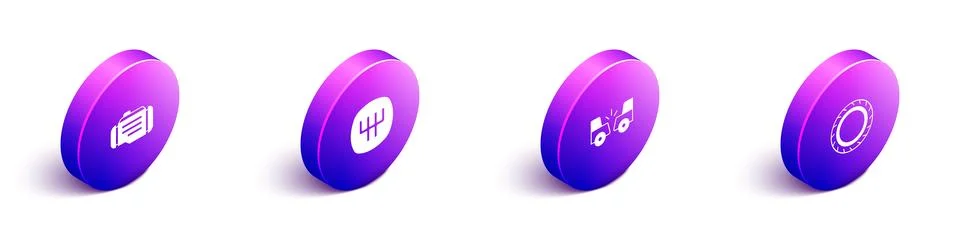 Set Isometric Check engine, Gear shifter, Car accident and tire wheel icon Stock Illustration