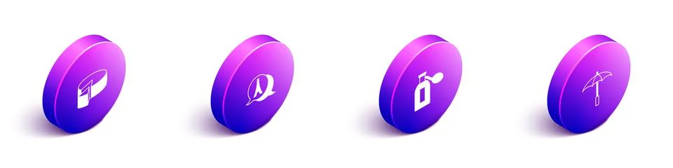 Set Isometric Cheese, Eiffel tower, Perfume and Umbrella for beach icon. Vector Illustrazione stock