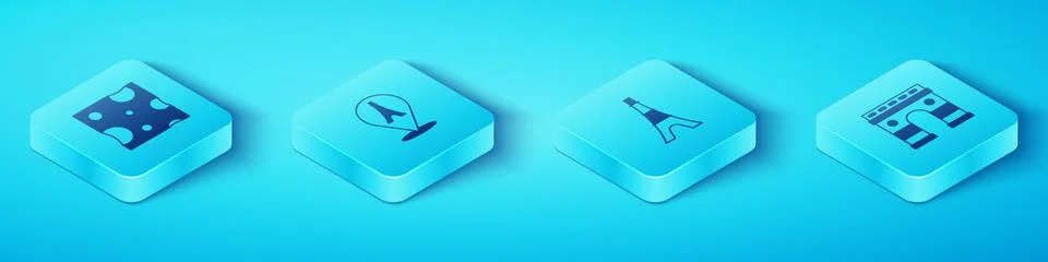 Set Isometric Cheese, Eiffel tower, Triumphal Arch and icon. Vector Stock-Illustration