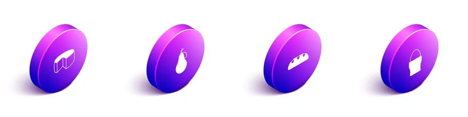 Set Isometric Cheese, Pear, Bread loaf and Chicken egg on stand icon. Vector イラスト素材