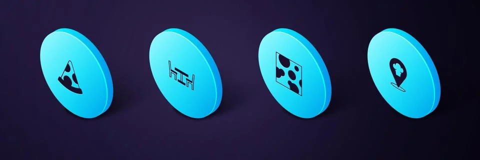 Set Isometric Chef hat with location, Cheese, Wooden table chair and Slice of Illustrazione stock
