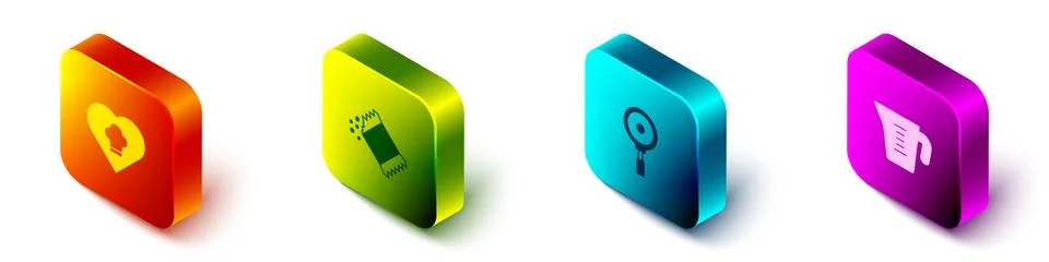 Set Isometric Chef hat, Packet of pepper, Frying pan and Measuring cup icon Stock Illustration