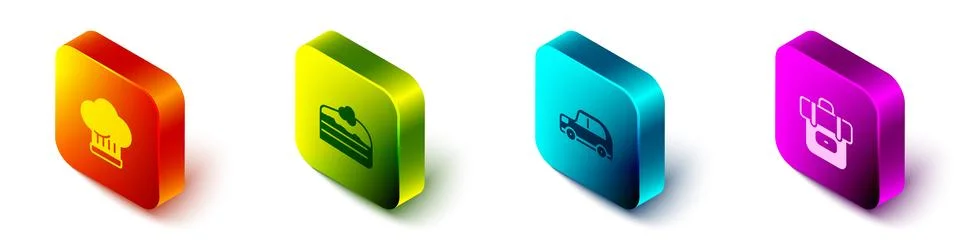 Set Isometric Chef hat, Piece of cake, Car and Hiking backpack icon. Vector イラスト素材