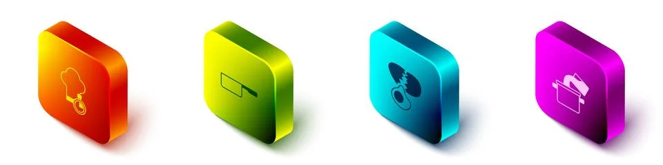 Set Isometric Chef hat, Saucepan, Broken egg and Cooking pot icon. Vector Stock Illustration