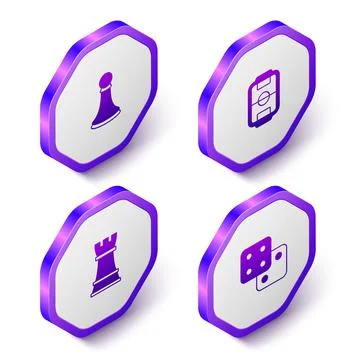 Set Isometric Chess pawn, Table football,  and Game dice icon. Purple hexagon Illustrazione stock