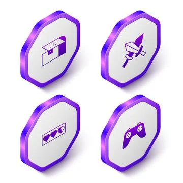 Set Isometric Chest for game, Sword, Game life bar and controller joystick icon Stock Illustration