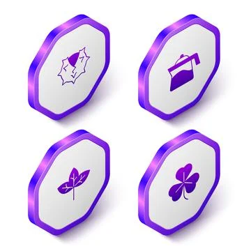 Set Isometric Chestnut, Teapot, Leaf and Clover icon. Purple hexagon button 스톡 일러스트