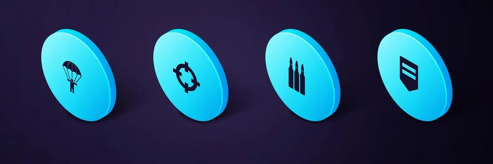 Set Isometric Chevron, Bullet, Target sport and Parachute icon. Vector 스톡 일러스트