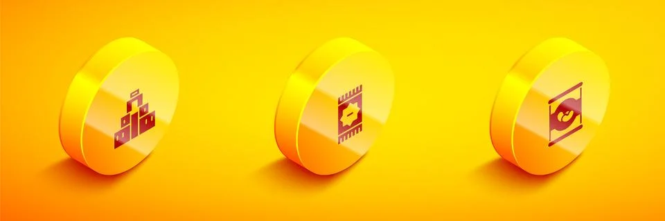 Set Isometric Chichen Itza in Mayan, Mexican carpet and Beans icon. Vector Stock Illustration