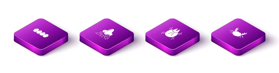 Set Isometric Chicken egg in box, Runny nose, Parasite mite and Crab icon. Ve Stock Illustration