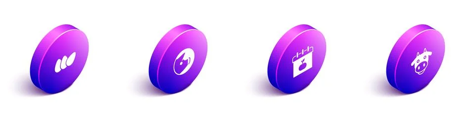 Set Isometric Chicken egg, Pig, World Vegetarian day and Cow head icon. Vecto Stock Illustration