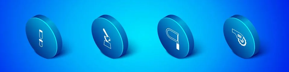 Set Isometric Chisel tool, Hacksaw, Electric circular and Wooden axe in stump Stock Illustration