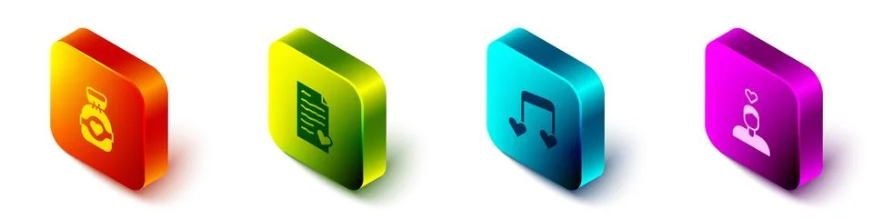 Set Isometric Chocolate candy, Envelope with Valentine heart, Music note, tone 스톡 일러스트