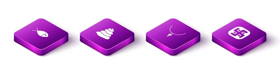Set Isometric Christian fish, Stack hot stones, cross chain and Jainism icon Stock Illustration