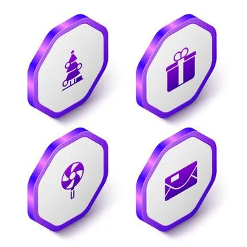 Set Isometric Christmas tree, Gift box, Lollipop and Envelope icon. Purple Stock Illustration