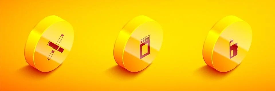 Set Isometric Cigarette, Matchbox and matches and Vape mod device icon. Vecto Stock Illustration