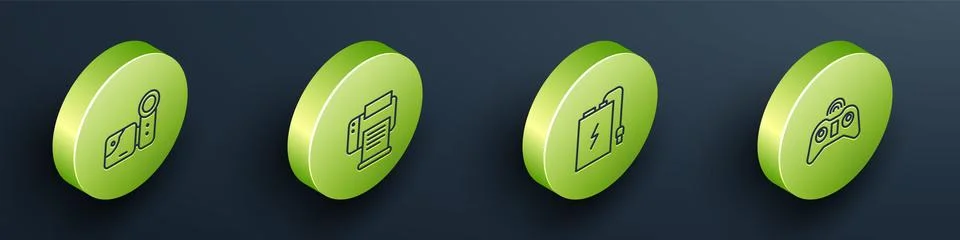 Set Isometric Cinema camera, Printer, Power bank with charge cable and Wireless Stock Illustration