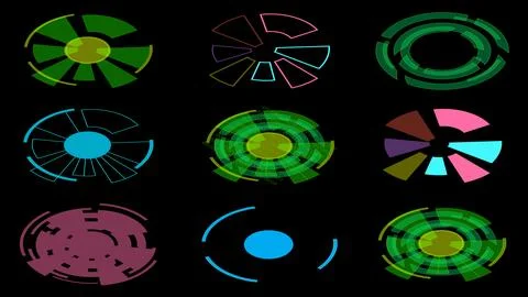 Set of isometric circular cliparts or digital eyes isolated on black Stock Illustration