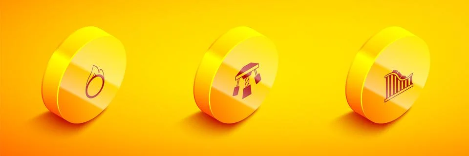 Set Isometric Circus fire hoop, Attraction carousel and Roller coaster icon.  Stock Illustration