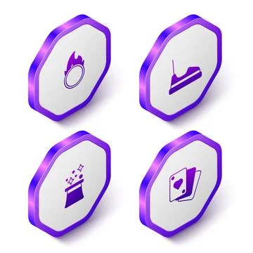 Set Isometric Circus fire hoop, Bumper car, Magician hat and Playing cards .. Stock Illustration
