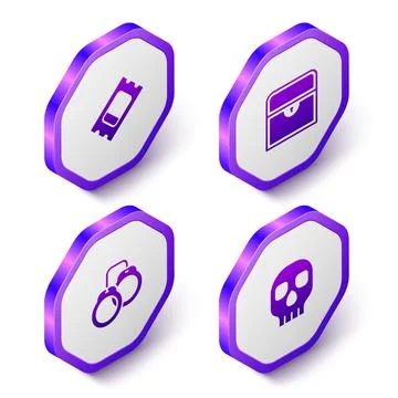 Set Isometric Circus ticket, Antique treasure chest, Handcuffs and Skull icon Illustrazione stock