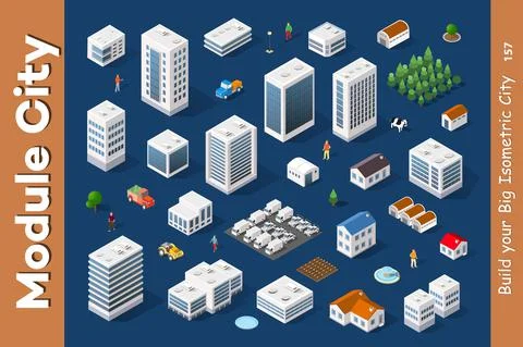 A Set Of Isometric City Stock Illustration