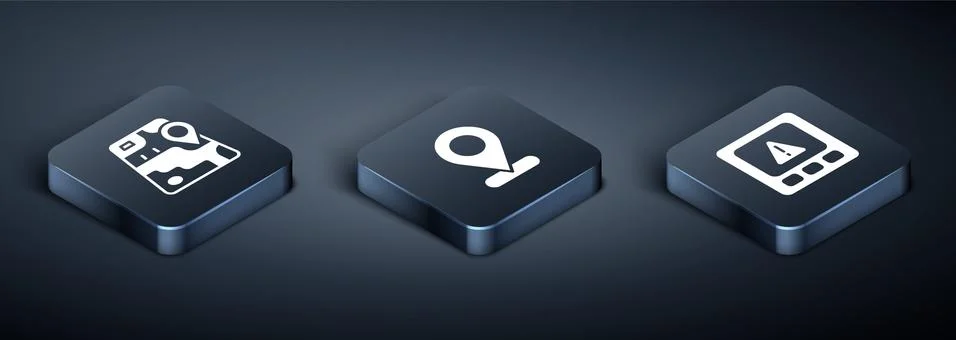 Set Isometric City map navigation, Gps device error and Location icon. Vector Stock Illustration