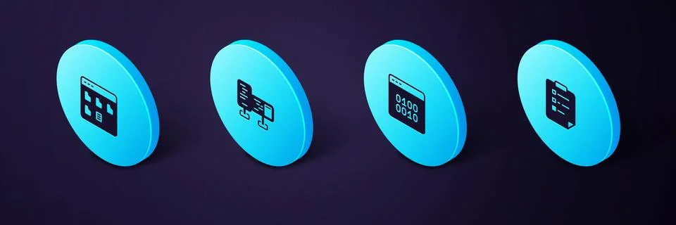 Set Isometric Clipboard with checklist, Binary code, Computer monitor screen and Stock Illustration