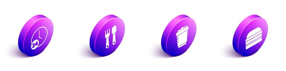 Set Isometric Clock 24 hours, Fork and spoon, Coffee cup to go and Burger icon イラスト素材
