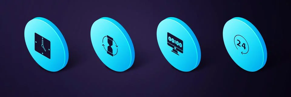 Set Isometric Clock 24 hours, on monitor, Old hourglass and icon. Vector Stock Illustration