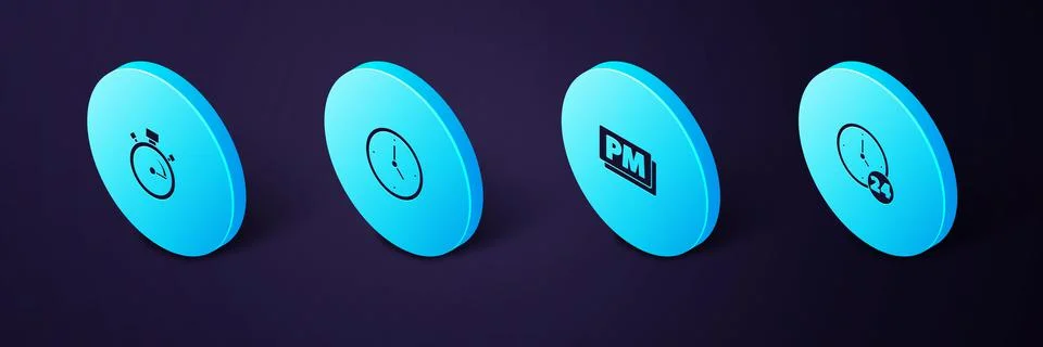 Set Isometric Clock 24 hours, PM, and Stopwatch icon. Vector Stock Illustration