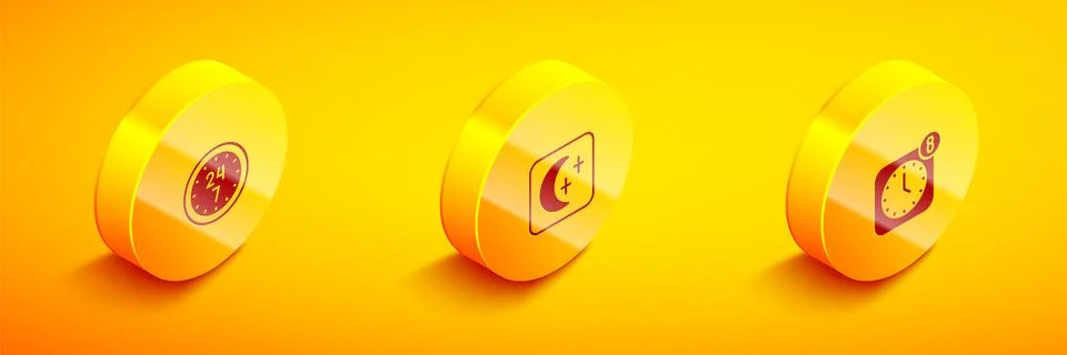 Set Isometric Clock 24 hours, Moon and stars and Alarm clock app mobile icon Stock Illustration
