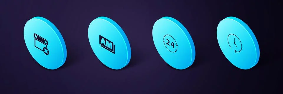 Set Isometric Clock, 24 hours, AM and Calendar date delete icon. Vector Illustrazione stock