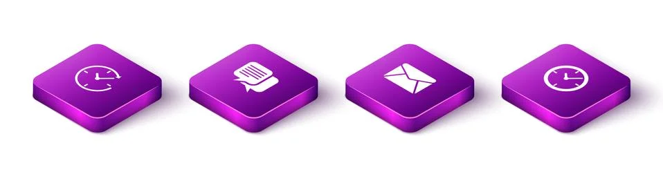 Set Isometric Clock with arrow, Chat, Envelope and icon. Vector Stock Illustration