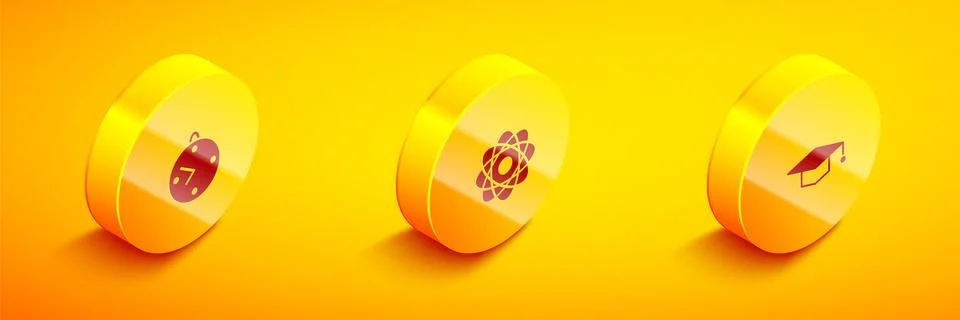 Set Isometric Clock, Atom and Graduation cap icon. Vector Illustrazione stock