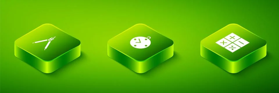 Set Isometric Clock, Calculator and Drawing compass icon. Vector イラスト素材