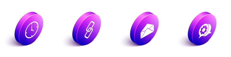 Set Isometric Clock, Chain link, Envelope and Speech bubble chat icon. Vector Stock Illustration