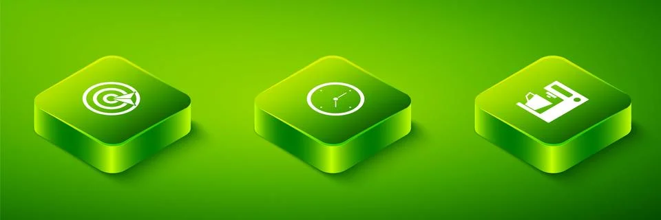 Set Isometric Clock, Coffee machine and Target sport icon. Vector Illustrazione stock