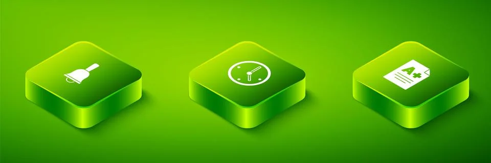 Set Isometric Clock, Exam sheet with A plus grade and Ringing bell icon. Vector イラスト素材