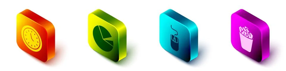Set Isometric Clock, Pie chart infographic, Computer mouse and Full trash can Stockillustratie
