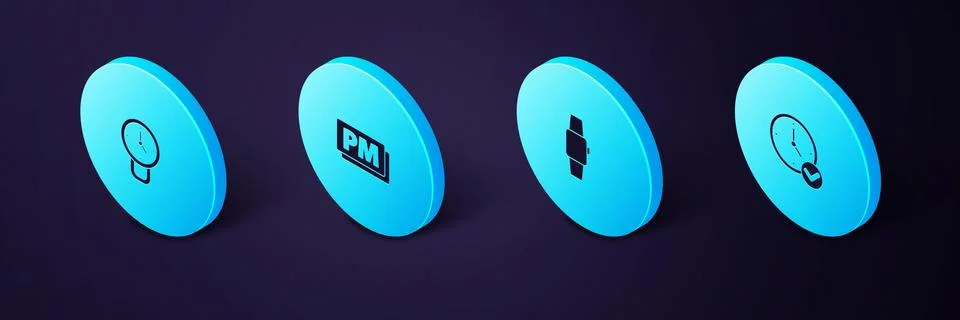 Set Isometric Clock, Smartwatch, PM and icon. Vector Illustrazione stock