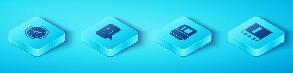 Set Isometric Clock, Smile face, Notebook and Telephone handset icon. Vector 스톡 일러스트