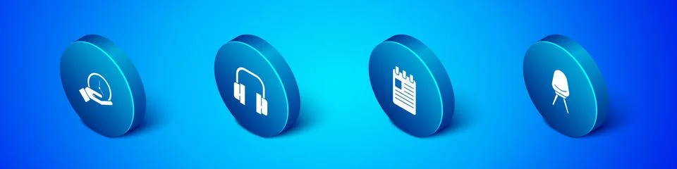 Set Isometric Clock, Spiral notebook, Office chair and Headphones icon. Vector イラスト素材
